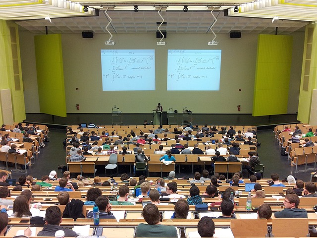 Une classe suivant un cours dans un amphithéâtre.
